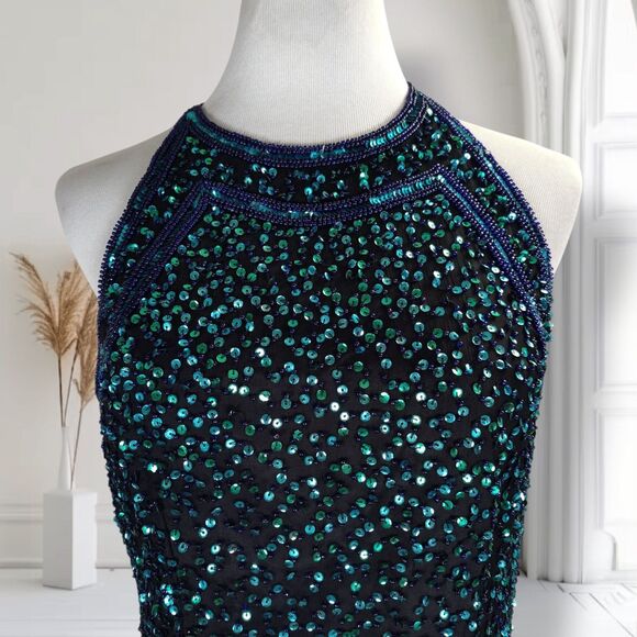 Vintage 90s Sequin Formal Prom Evening Dress Size L Halter Neck Thigh Slit - Picture 7 of 16